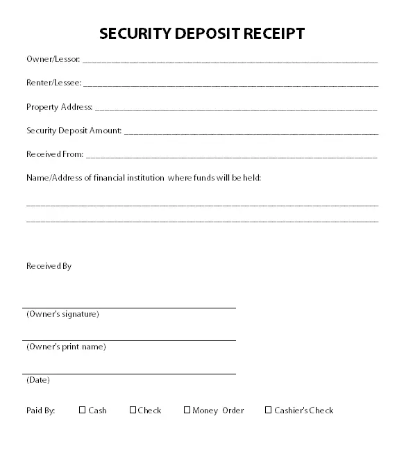 Security Deposit Receipt Template in PDF Form